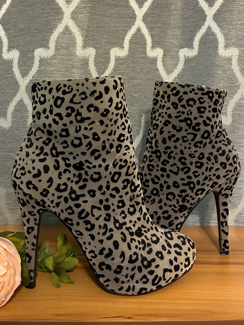 Leopard Print Suede Stiletto Ankle Boots